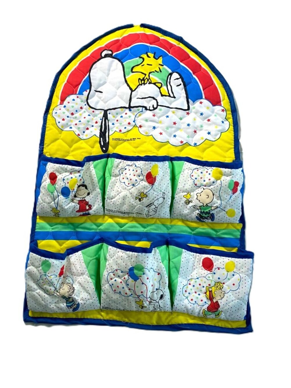 Vintage Peanuts Snoopy Quilted Wall Pocket Organizer 6 Pocket Hanging Storage
